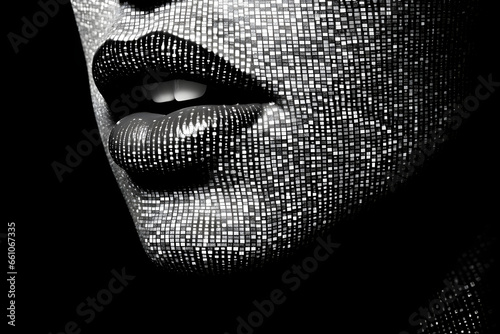 Close-up of lips and chin with a dotted texture in monochrome photo