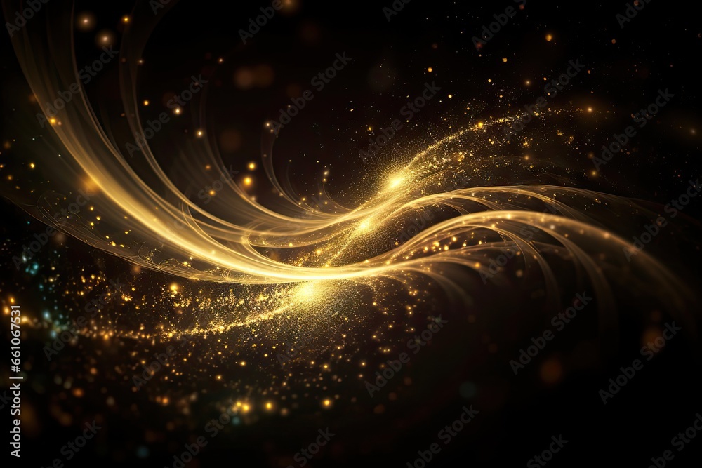 Golden swirls of glowing abstract light. Luxurious design. Bright and shiny. Motion in gold and black. Sparkling bokeh. Christmas light show. Futuristic flow. Modern design - obrazy, fototapety, plakaty 