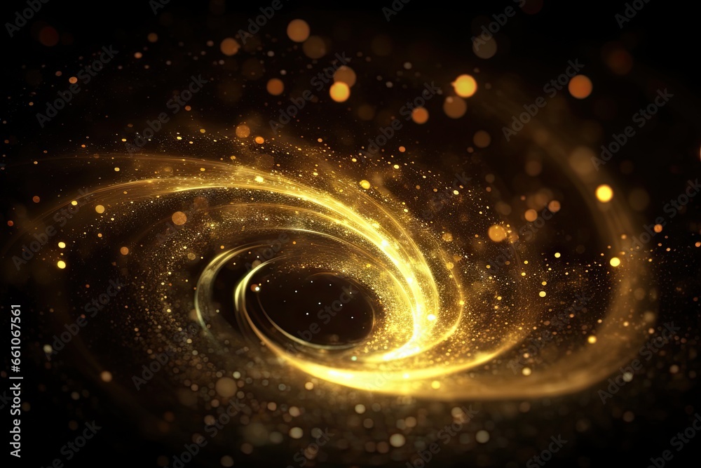 Golden swirls of glowing abstract light. Luxurious design. Bright and shiny. Motion in gold and black. Sparkling bokeh. Christmas light show. Futuristic flow. Modern design