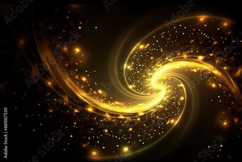 Golden swirls of glowing abstract light. Luxurious design. Bright and shiny. Motion in gold and black. Sparkling bokeh. Christmas light show. Futuristic flow. Modern design