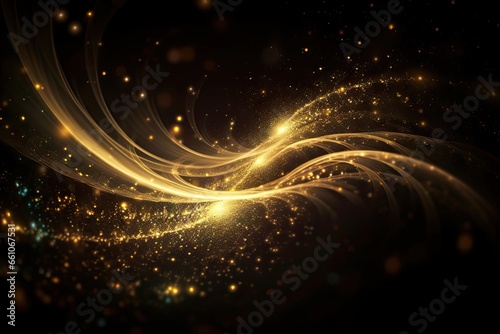 Golden swirls of glowing abstract light. Luxurious design. Bright and shiny. Motion in gold and black. Sparkling bokeh. Christmas light show. Futuristic flow. Modern design