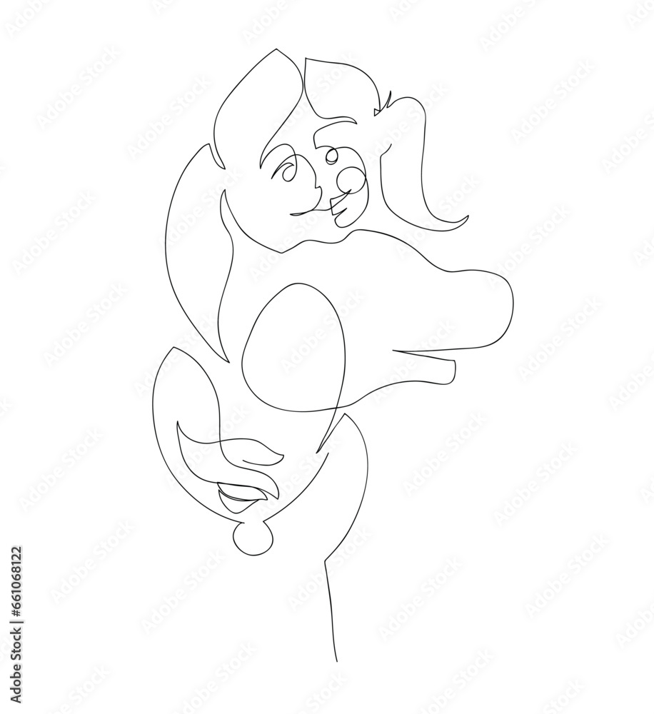 One line drawing of little girl hugging her dog.
One continuous line drawing of golden labrador retriever, pet.