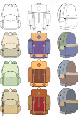 Hand drawn colorfull Vector Set of Backpacks. Cartoon Casual Backpack, cool backpack colorfull. Backpacks Vector illustration. 