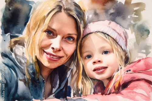 A watercolour style illustration of a mother taking a selfie with her daughter. Created with Generative AI. Not a real person.