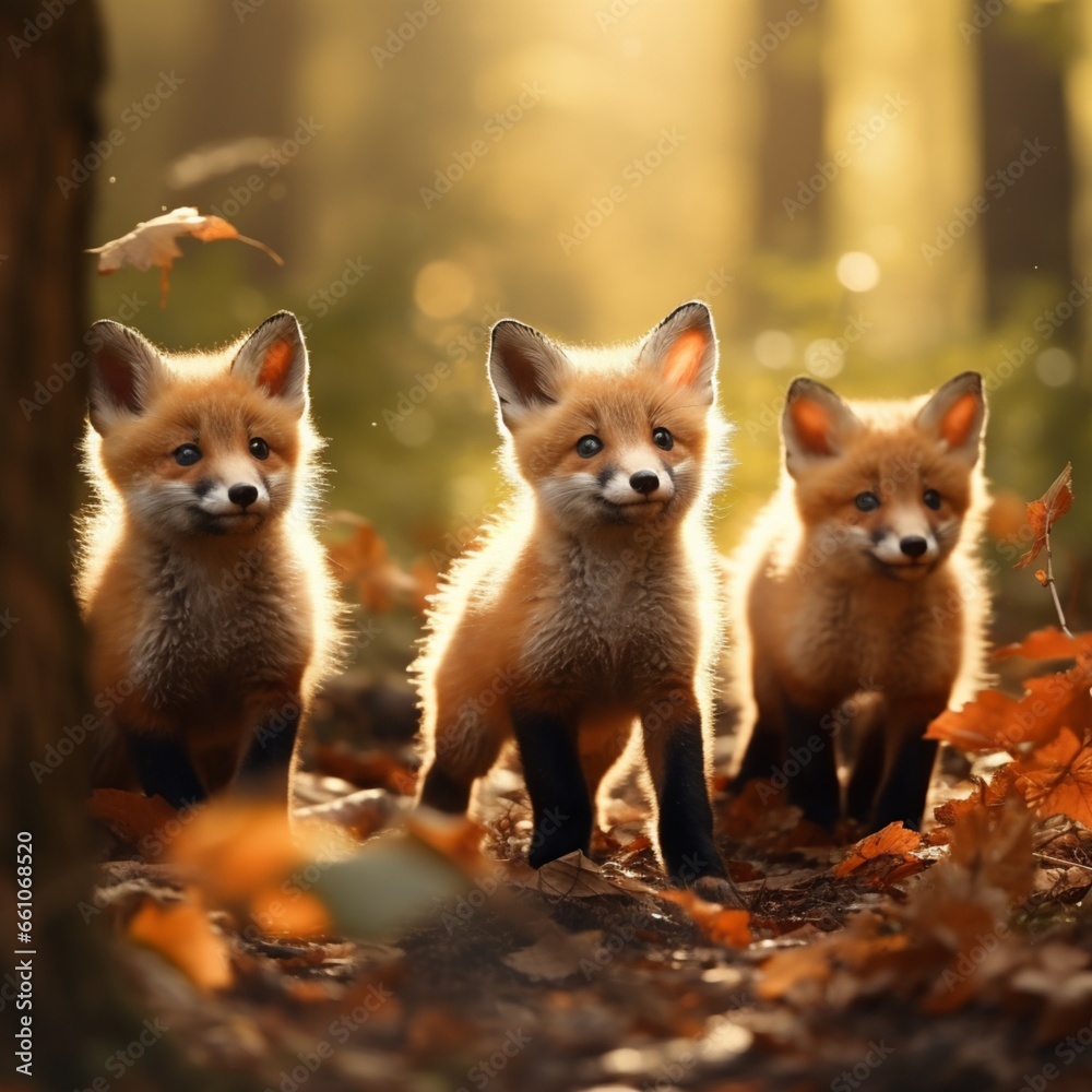Playful red fox kits exploring a sun-dappled forest glade Playful red fox kits exploring a sun-dappled forest glade