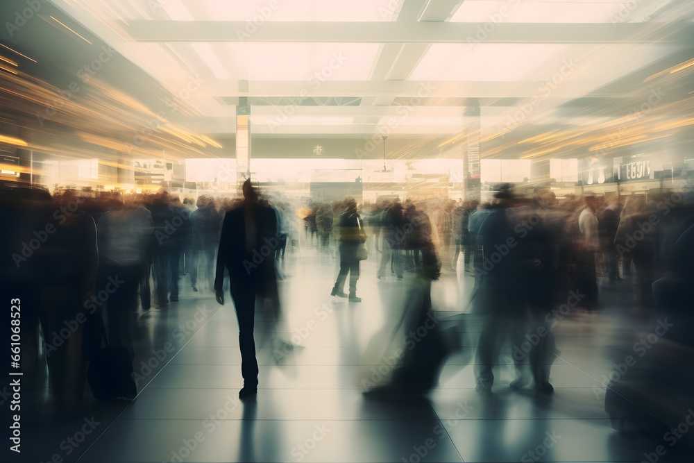 Blurred silhouettes of people move in a well-lit modern space capturing the rush of daily life