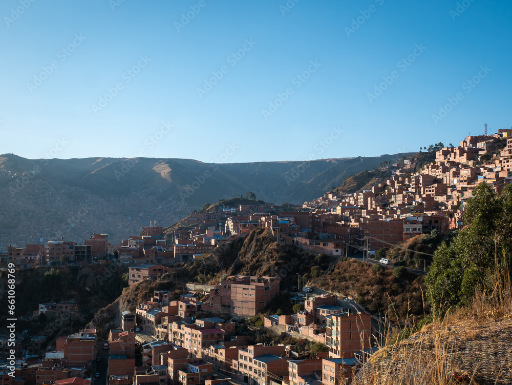 The City of La Paz, Bolivia Seen From The Sky With Mountains Peaks of The Andes Cordillera