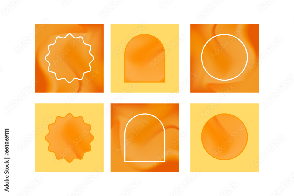 Aesthetic orange gradient social media template, square poster, feed post, with geometric outlined shapes - circle, star, arch. Cute orange background template for social media. Aesthetic orange gradient social media template, square poster, feed post, with geometric outlined shapes - circle, star, arch. Cute orange background template for social media.