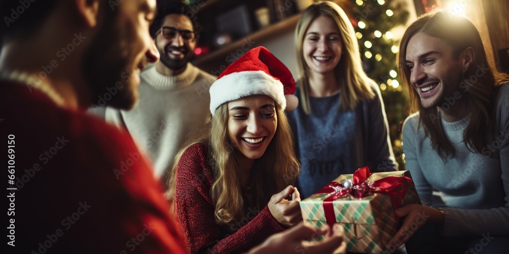 Φωτογραφία Cheerful group of friends exchanging gifts around a decorated living room, portr