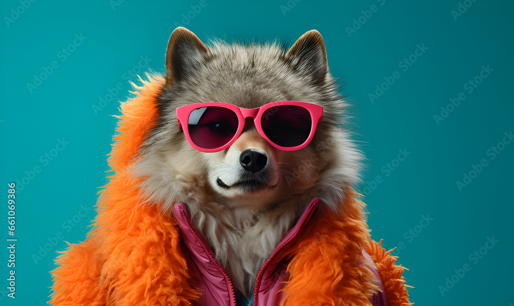 Happy dog character in two tone stylish sunglasses and fur coat looking away against pastel and turquoise background.