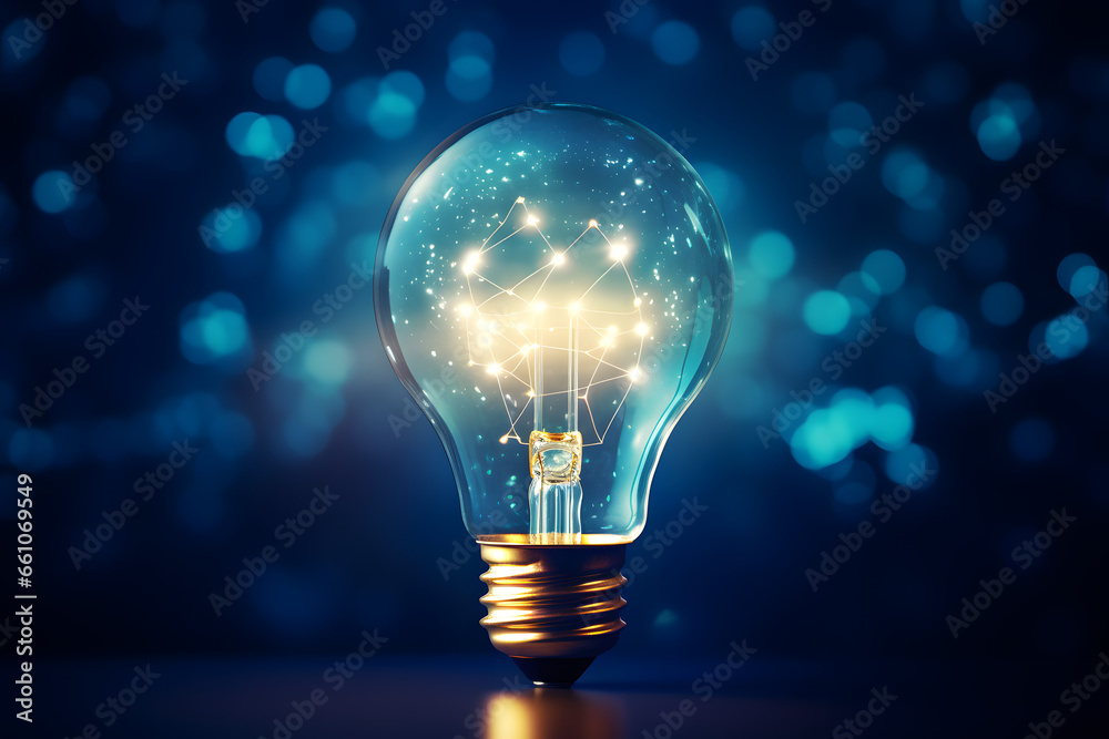 Glowing light bulb against a shimmering blue bokeh background - obrazy, fototapety, plakaty 