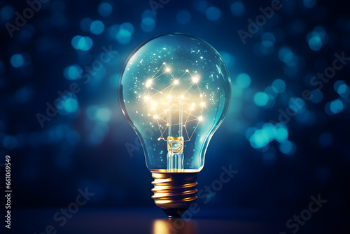 Glowing light bulb against a shimmering blue bokeh background