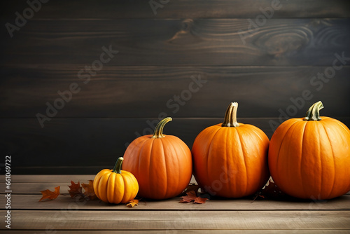 Different size pumpkins on a wooden table with wooden copy space background. Autumn leaves are fallen under the pumpkins. Halloween and Thanksgiving day concept. Suitable for holiday wishes