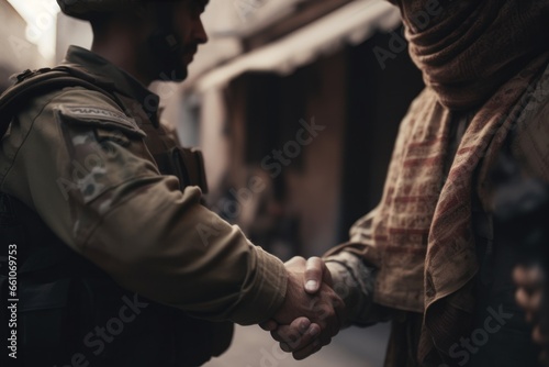 soldiers shaking hands in the gaza strip. Created with AI.