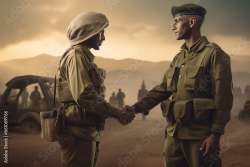 soldiers shaking hands in the gaza strip, palestine and israel, war peace. Created with AI.
