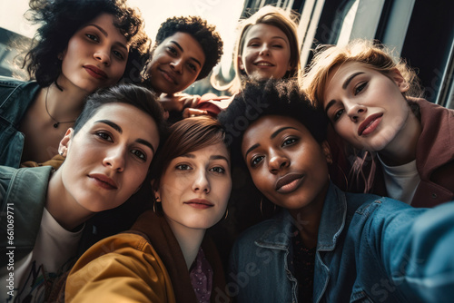 diverse group multiracial lgbt gay lesbians, non-vinary, making selfie. Created with AI.