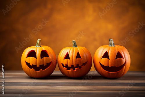 Spooky and funny halloween pumpkins on a wooden table with orange background. Happy halloween wish background