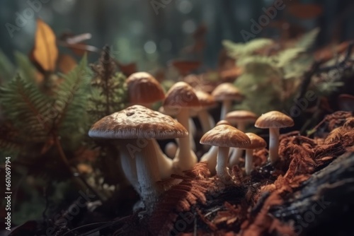 mushrooms and ongos in a forest in autumn. created with ai.