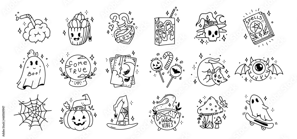 Set Halloween outline stickers. Collection of pumpkin, tarot cards, brain, potion, ghost, divination ball, spider web, witch hat, cauldron, candies, juice, spell book, cat, skull, mushroom, bat eye - obrazy, fototapety, plakaty 