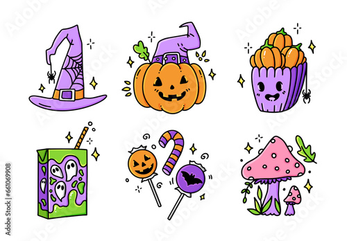 Set Halloween cartoon hand drawn stickers. Collection of graphic elements pumpkin, witch hat, mushrooms, popcorn, candy, juice. Vector party  illustration.