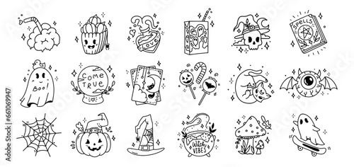 Set Halloween outline stickers. Collection of pumpkin, tarot cards, brain, potion, ghost, divination ball, spider web, witch hat, cauldron, candies, juice, spell book, cat, skull, mushroom, bat eye