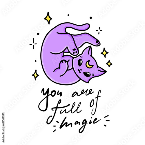 Funny cat of a sorceress, a wizard with magic lettering. Enchanted. Moon symbol in the forehead. The witch's assistant. A graphic element of Halloween. Vector illustration of witchcraft, black magic.