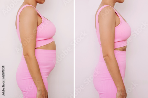 Woman in a pink tracksuit with a belly with excess fat and toned slim stomach before and after losing weight on a gray background. Result of diet, liposuction, training. Getting rid of overweight