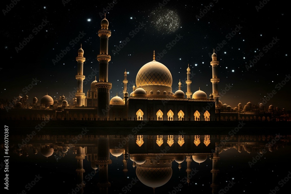 Silhouette of a mosque with sparkle light against a black background. Generative AI