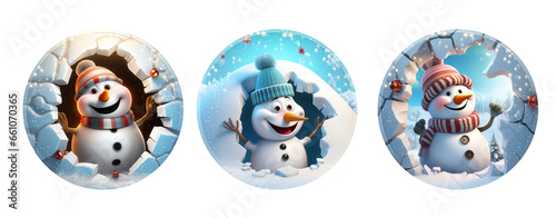 3D snowman Christmas Break Through Ornament, snowman coming out of hole Round Ornament Clipart isolated on Transparent Background 