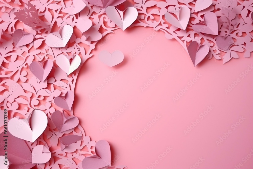 Festive love card with heart-shaped paper cutouts on a pink backdrop. Generative AI