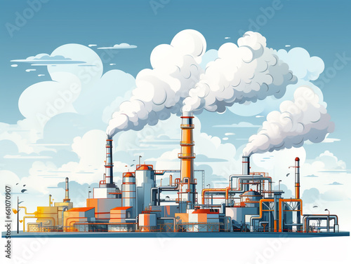 2D flat illustration of a factory area that is operating and releasing gases and smoke that pollute the air. 