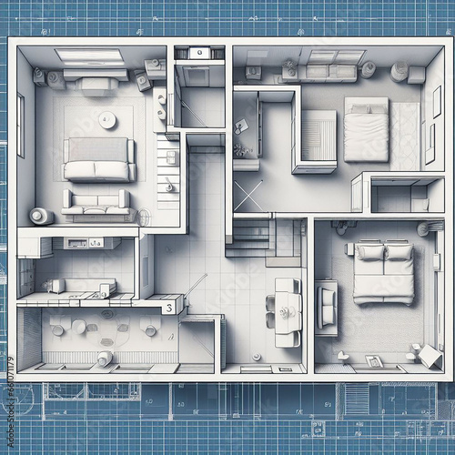 Progetto architettonico n 3D di un appartamento con i mobili photo