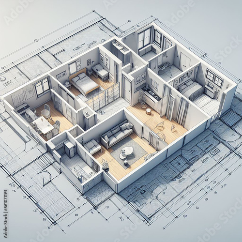 Progetto architettonico n 3D di un appartamento con i mobili photo