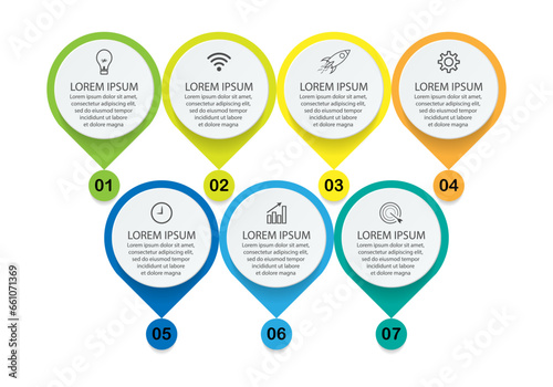 infographic template design, minimalist concept, interconnected circles with 9 steps, lines and colors in each step, good for your business presentation