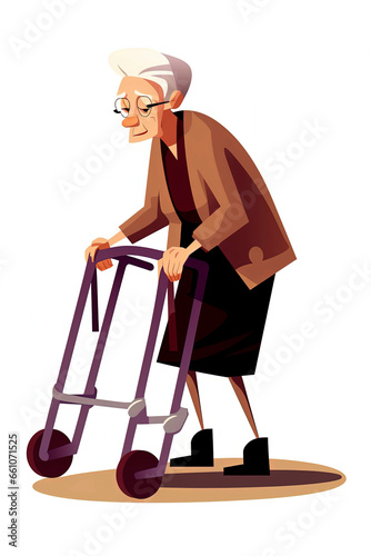 Generative Ai of old woman walking helped by a walker