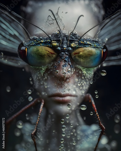Swamp Dragonfly Portrait by Subterfugitive 0 Portrait close up view of head 7 Anthropomorphic dragonfly is on the move wearing dunepunk attire in a monsoon with large wide eyes and bioluminescent 