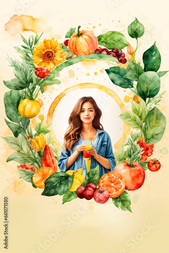 Woman smiling face. Healthy lifestyle, food, diet, and weight loss banner,  Vegetarian, vitamins, natural and fresh food. Greens, cucumbers, tomatoes. Diet, loss weight, dinner. Watercolor background