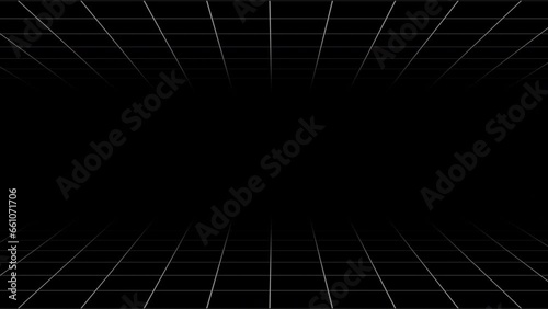 Black background with animated digital white grid lines with depth and bokeh. Loop abstract motion background for technology, science, blueprint, or infographic concept