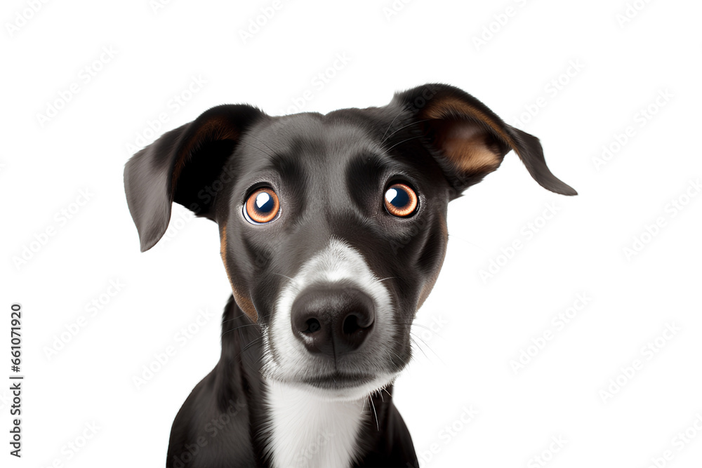 A close-up of a dog looking at the camera on a white background, Generative AI