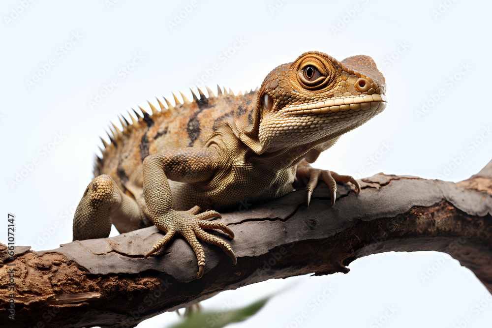 Obraz premium A close-up of a lizard on a tree branch on a white sky, Generative AI