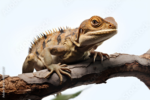 A close-up of a lizard on a tree branch on a white sky  Generative AI