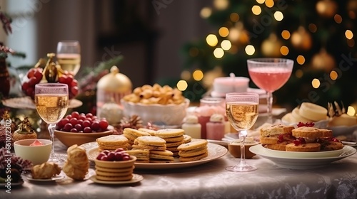 Christmas dinner table full of dishes with food and snacks in pink colors  elegant New Year decor with a Christmas tree in the background.