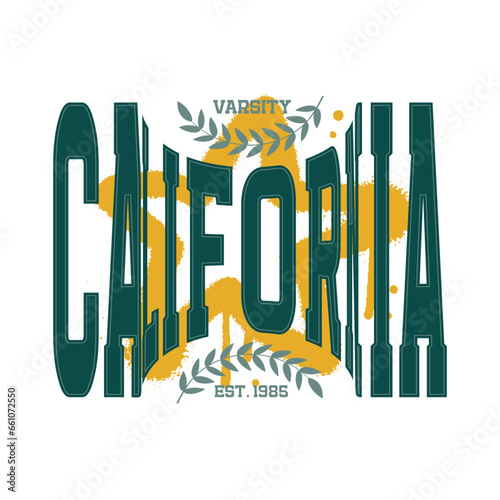 California - retro college font typography slogan print for tee t shirt with branch decoration and star graffiti. 80s vintage Vector design.