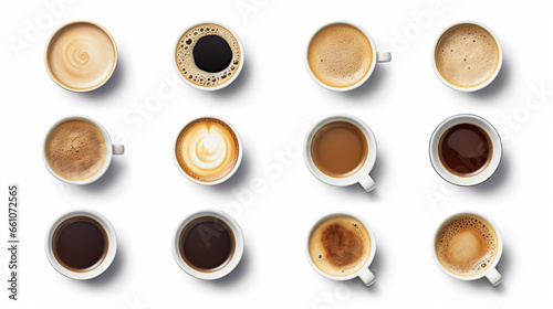 Set with cups of hot aromatic espresso coffee isolated on white background