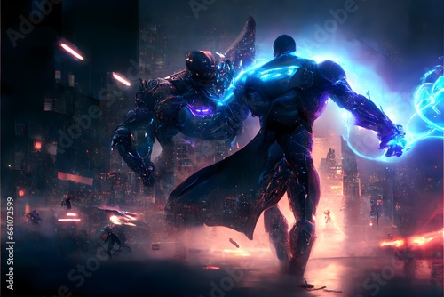 ShieldMan fighting with enemy alien full body hero from distance wide frame aerial view city magnetic field all around distance view battle with enemy move smog matte painting neon lights Cinematic 