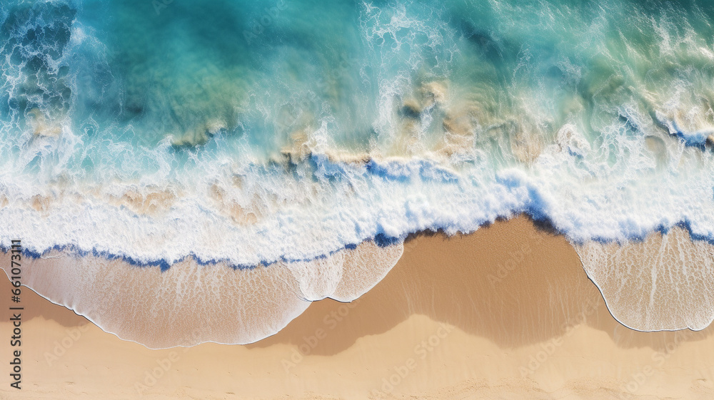 Beach Sand Sea Shore with Blue wave and white foamy summer background,Aerial beach top view overhead seaside.