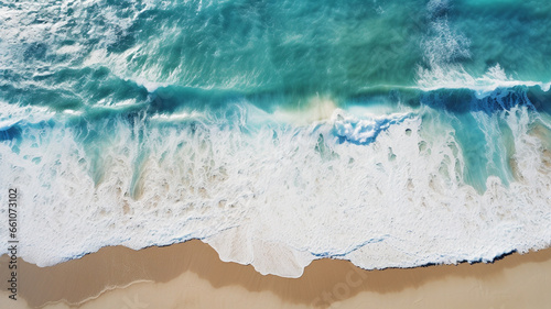 Beach Sand Sea Shore with Blue wave and white foamy summer background,Aerial beach top view overhead seaside.
