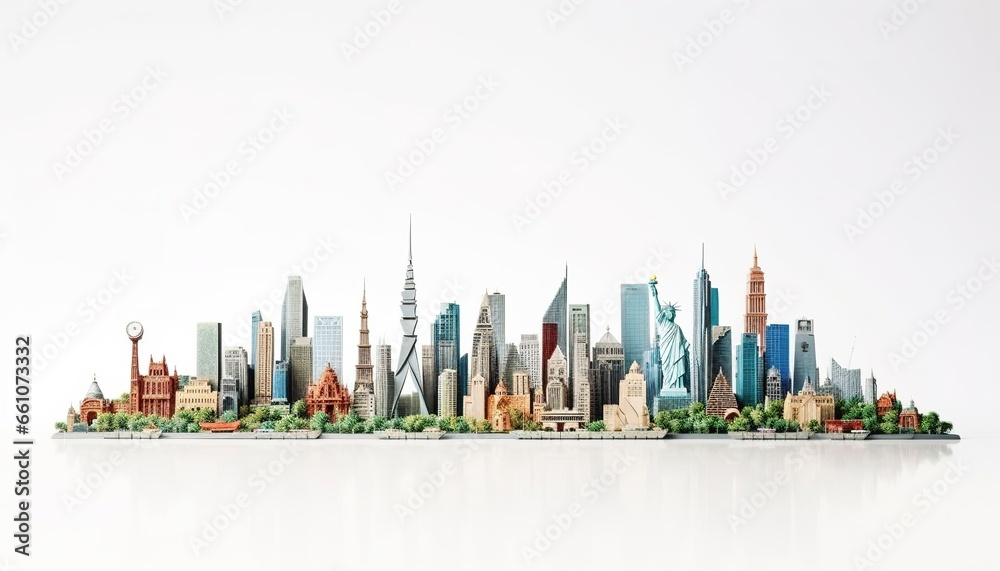 Miniature of an island city and nature, skyline, white background, architecture, travel. Generative AI