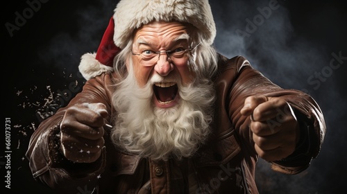  Close-up portrait of an evil Santa Claus. Character from New Year and Christmas fairy tales. A dissatisfied person judges or shouts. Concept: aggressive, unpleasant person.