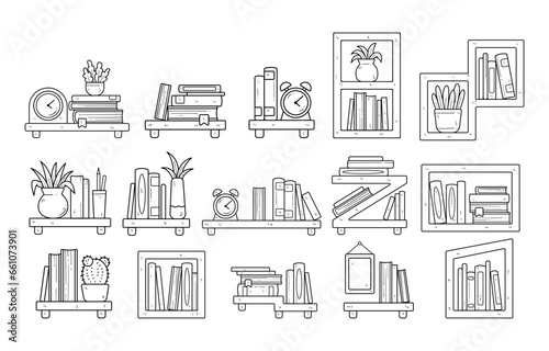 Set of bookshelves decoration with a hand-drawn outline sketch illustration